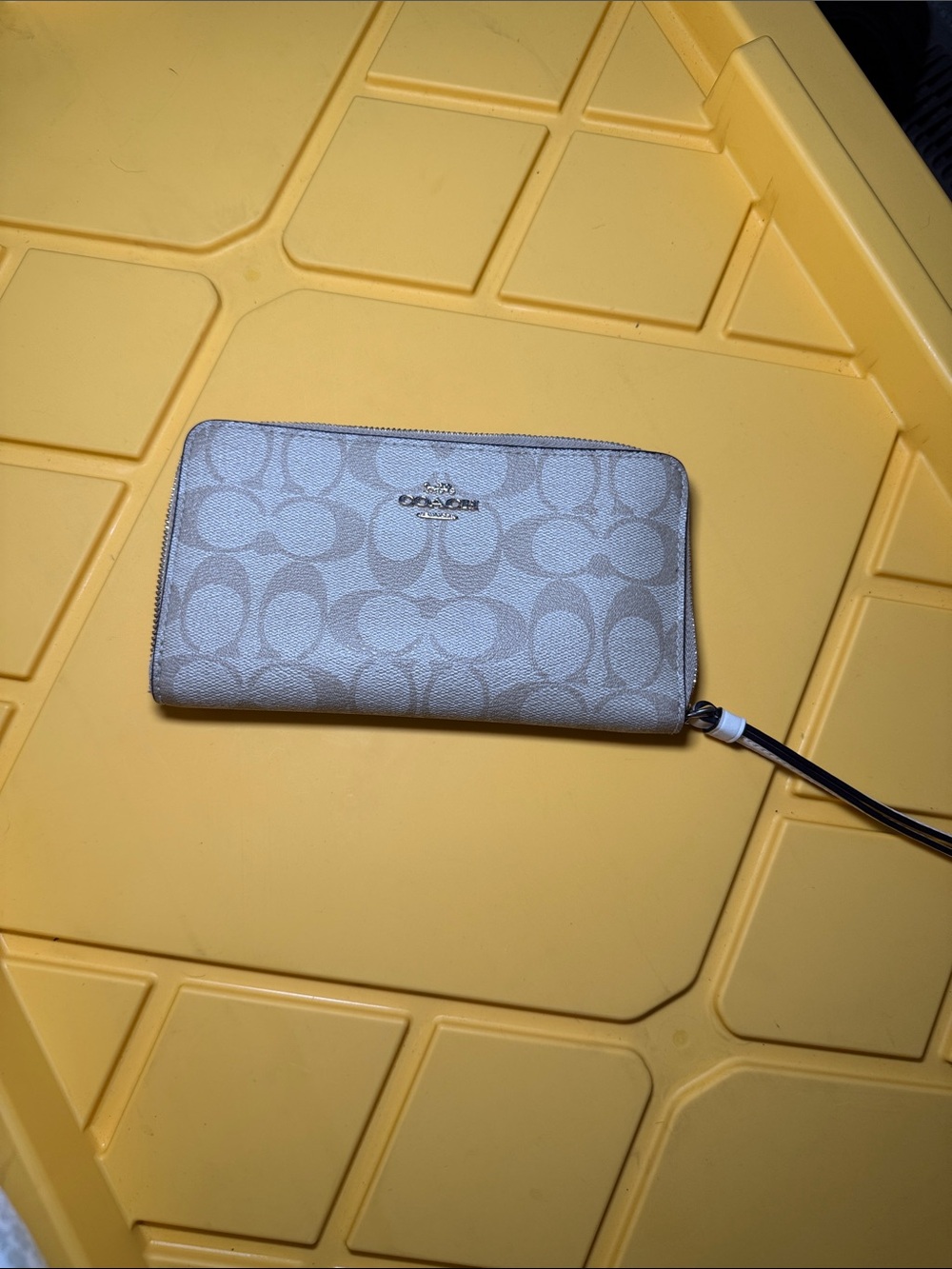 Coach Beige Signature Zip Wallet with Wrist Strap